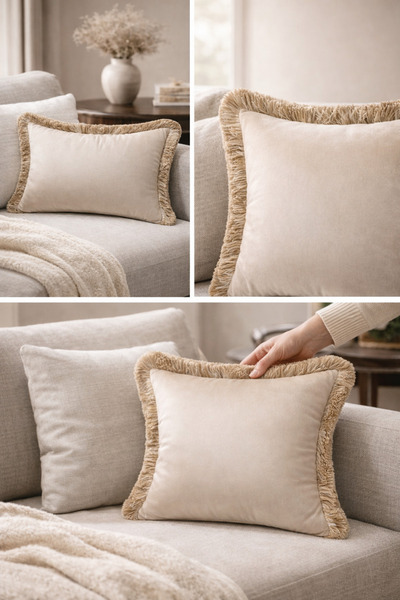 Phoenix Bej püsküllü kırlent kılıfı