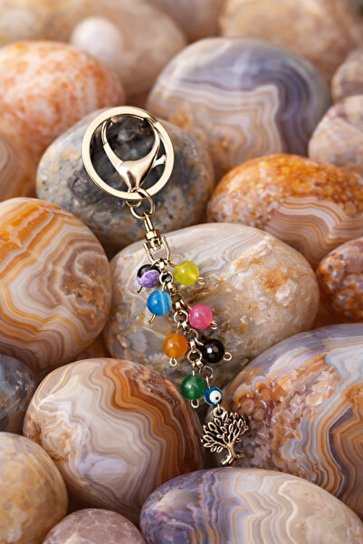 arzela Natural Stone Agate Chakra Keychain Steel Chain Women's Day