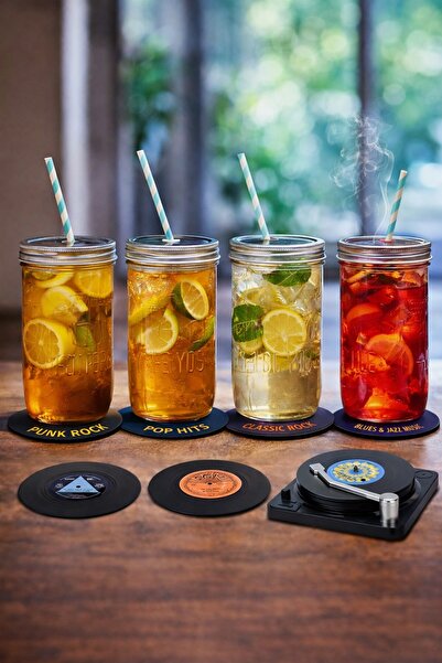 Miu Nostaljik Temalı - Eski Plak Çalar, 6'lı Bardak Altlığı 12x12