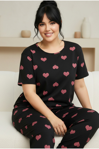 Siyah İnci černý růžový vzor srdce Plus Size Battal Krátký rukáv Pletený pyža...