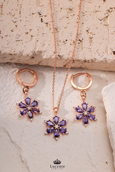 Lucente Jewellery Işıklı Hediye Kutulu Aşk Şans Bereket ve Zarafetin Simgesi 925 Ayar Mor Taşlı Lotus Çiçeği Gümüş Hediyelik Sevgiliye Eşe Anneye Hediye Ametist Taşlı Lotus Kamelya Çiçeği 2'li Kolye & Küpe Takım Set