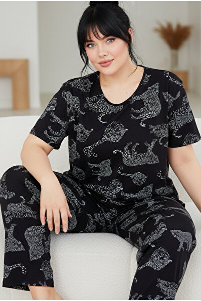 Siyah İnci Costum de pijama tricotat cu decolteu mare, cu imprimeu leopard, t...