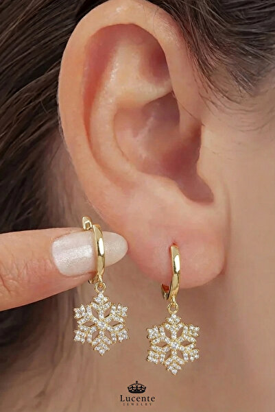 Lucente Jewellery 925 Ayar Gold Taşlı Kar Tanesi Kararma Karşıtı Rodyum Güçlendirmeli Gümüş Sevgiliye Eşe Kız Arkadaşa Anneye Doğum Günü Yılbaşı Hediyesi Kartanesi Şık & Zarif 1 Çift Sallantılı Halka Küpe