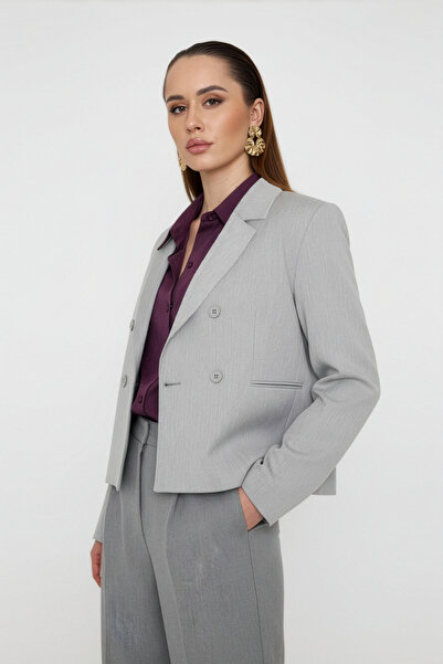 LA PANTE Kadın Ceket Kısa Ceket Blazer Ceket Gri Düğmeli Şık Mevsimlik Klasik