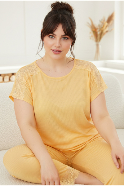 Siyah İnci Yellow Soft Touch Thin Seasonal Oversize Large Size Lace Detailed ...