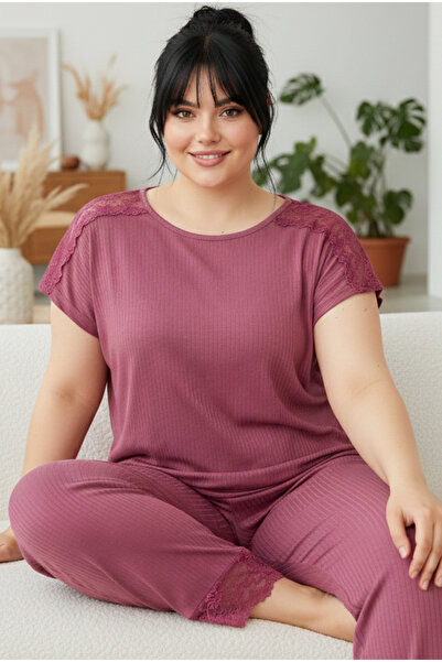 Siyah İnci vişne Soft Touch Slim sezónní Battal Plus velikost krajkový detail...