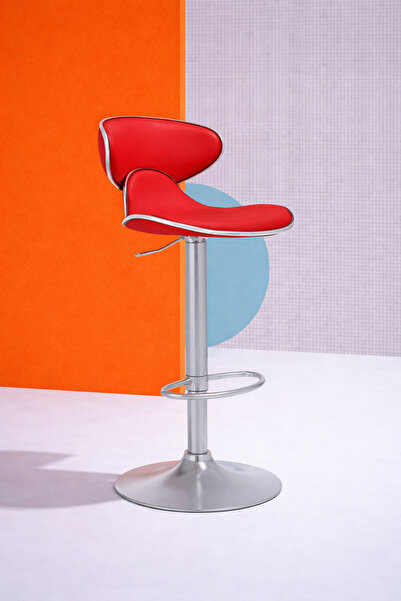 Bürocci Zen Bar Taburesi - Kırmızı Modern Deri Metal Ayaklı Yüksek Tezgah San...