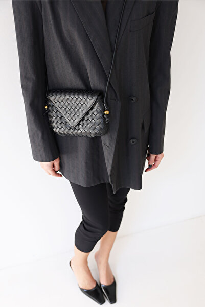 LUTVELIZADE Çanta 2606 - Örgü Dokulu Kapaklı Siyah Kadın Çanta