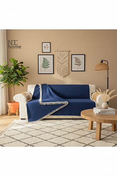 NDC HOME كتان فاخر - غطاء أريكة بوم بوم باللون الأزرق الداكن (170 × 220)