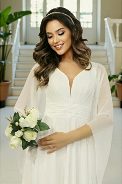 BDR COMPANY Uzun Volan Kollu Kalp Yaka Beli Büzgülü Midi Beyaz Şifon Elbise N...