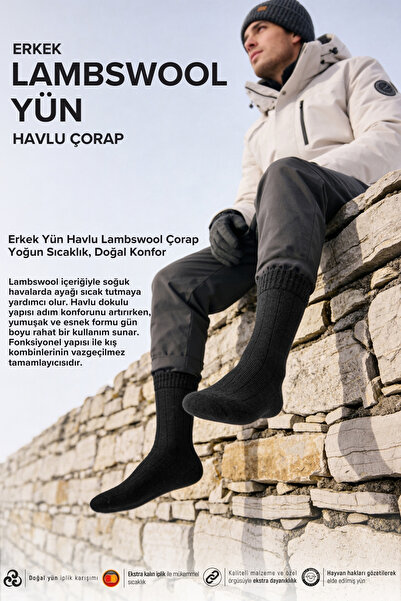 Bolero Erkek Yün Havlu Kışlık Soket Çorap Siyah