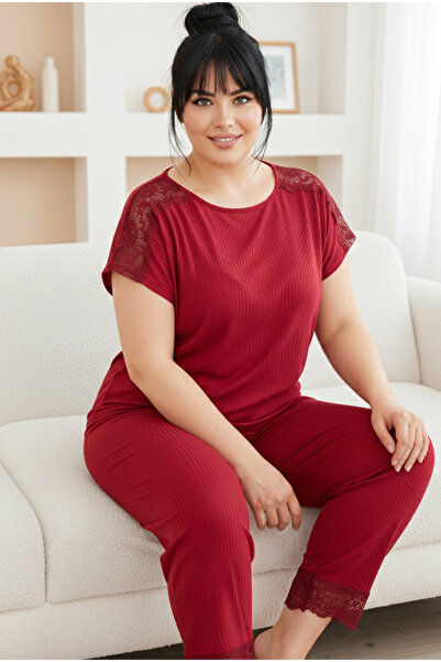 Siyah İnci μπορντό Soft Touch Λεπτό Εποχιακό Oversize Πλεκτό Σετ Πιτζάμες με ...