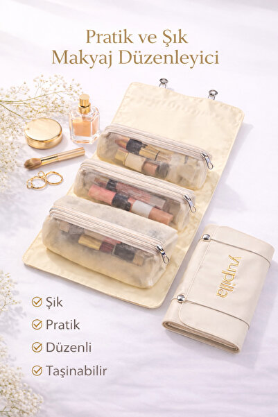 yupilla 3-Bölmeli Çıkarılabilir Modüllü Makyaj Çantası – Katlanabilir, Seffaf...