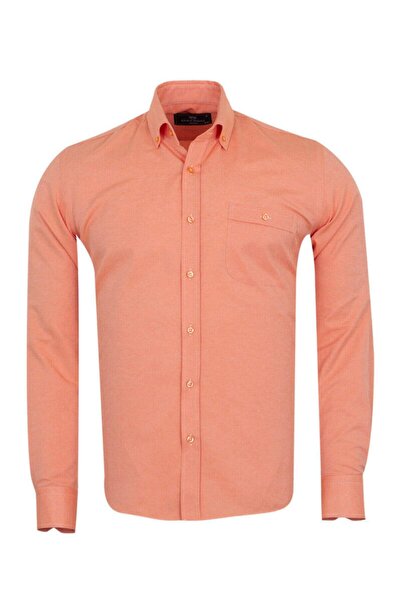 MAKROM Men's Orange Button Collar Pocket Long Sleeve Shirt
