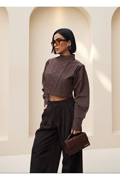 hat craft Kadın gömlek asimetrik yaka,poplin kumaş ,krop gömlek