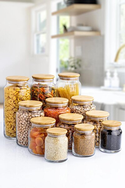 Bambum Zone - 12'li Cam Saklama Kabı Vakumlu Bambu Kapaklı