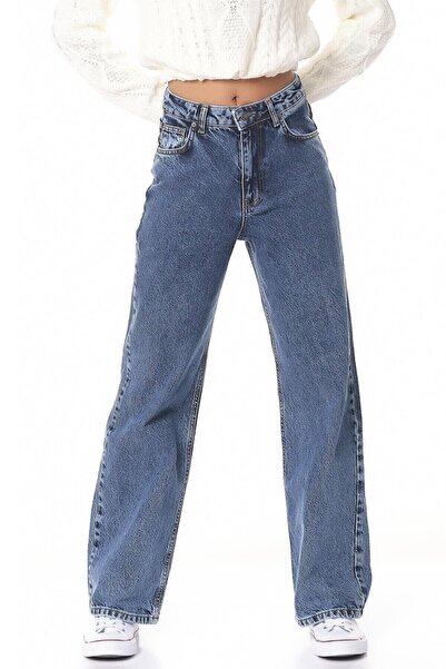 Trn JNS Blugi largi din lycra albastru uni cu talie super înaltă Pantaloni Pa...