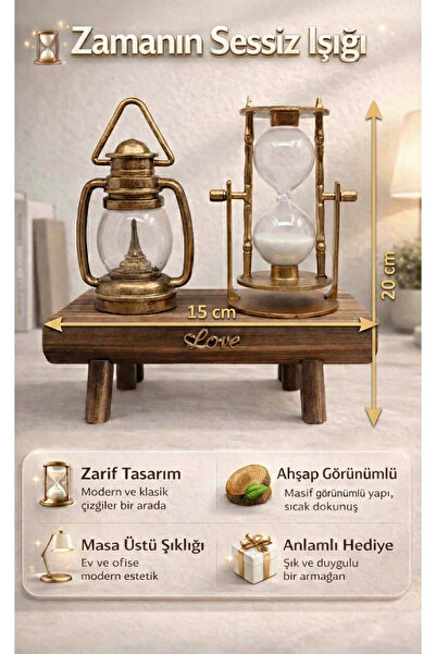 FaroxTech Nostaljik Gaz Lambası Tasarımlı Biblo ve Kum Saati - Masif Ahşap Ka...