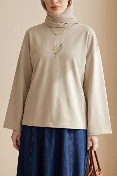 Modamorfo بلوزة قطنية ممشطة فضفاضة برقبة دائرية ونقشة زهور أمامية - حجرية