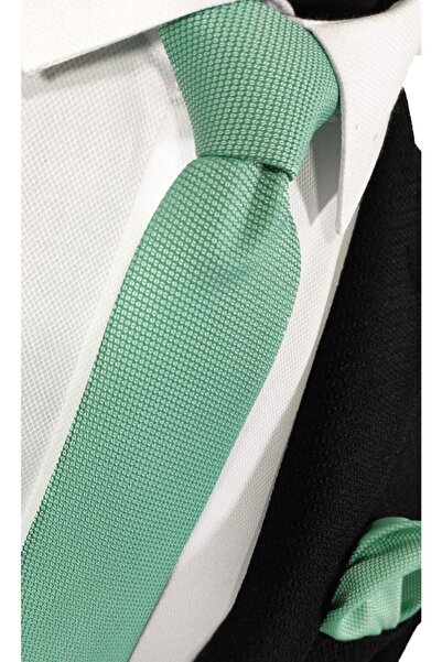 BLC Basic Line Co. Mint Yeşili Renk Armürlü Kravat Mendil Seti 6 cm