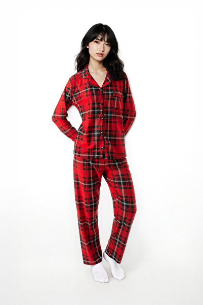 Ecrou Women's Red Plaid Pattern Peter Pan collar Long Sleeve Piped Pajama Sets