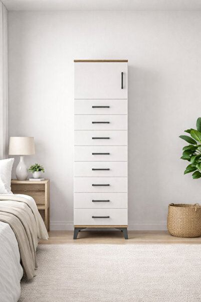Dienni Arges Dolap Tek Raflı 8 Çekmeceli Tek Kapaklı 44x30x182 Çam-Aytaşı