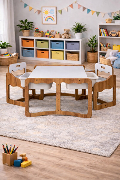 Industrial Living Montessori 2 Kişilik Masa Sandalye Takımı, 18mm Ceviz-Beyaz...