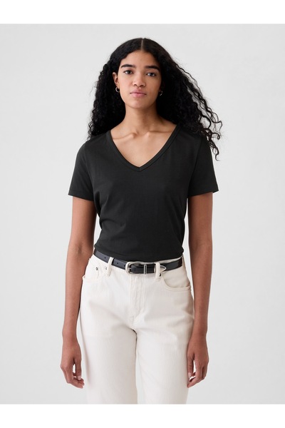 GAP Kadın Siyah Organik Pamuk Vintage V Yaka T-Shirt
