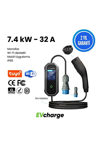Evcharge Elektrikli Araç Taşınabilir Şarj Istasyonu 7,4 Kw 32a Tip-2 3x32a 5 ...