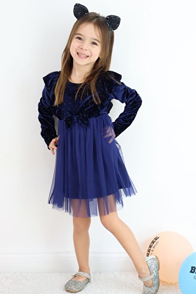 Breeze Kız Çocuk Uzun Kollu Kadife Elbise Taş Aksesuar Detaylı Tüllü 4-8 Yaş,...