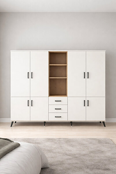 Dienni Hyperion Dolap 11 Raflı 3 Çekmeceli 8 Kapaklı 220x44x163 Çam-Aytaşı