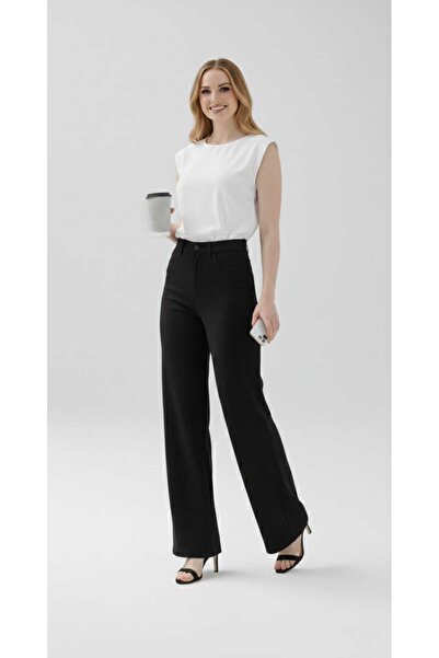 Trn JNS Μαύρο Lycra Super ψηλόμεσο τζιν Loose Leg Jeans Palazzo Παντελόνι