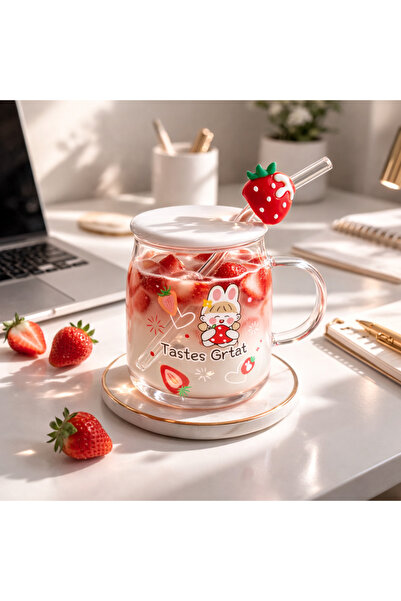 Two Two كوب زجاجي بغطاء من البورسلين على شكل فراولة مع شفاطة زجاجية - أكواب م...
