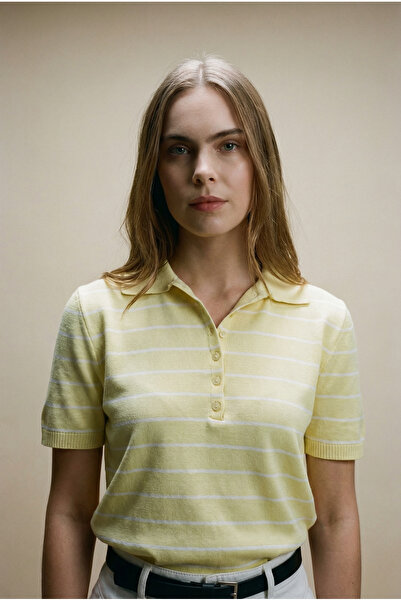 Shophia Polo Yaka Çizgili Kısa Kollu Kadın Triko Tişört