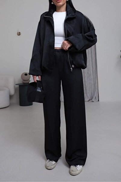 Suziş SET JACQUETĂ BOMBER CU FORĂ SATIN NEGRU ȘI PANTALONI MODEL PALAZZO KEY3...