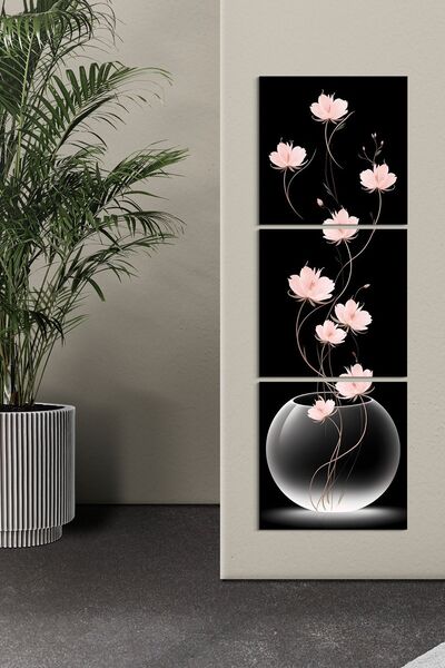 Evinemoda Uzun Saplı Pembe Lotus Çiçekleri 3 Parça Mdf Tablo