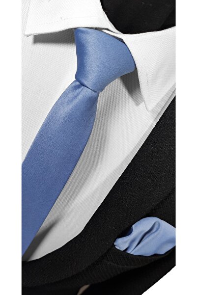 BLC Basic Line Co. Ekstra Ince Indigo Mavi Renk Düz Slim Fit 4 Cm Genişliğinde Kravat Mendil Seti Slim Fit Dar