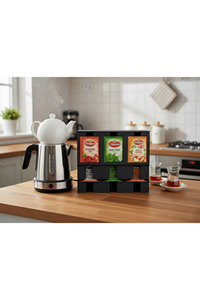 comes LİKA Serisi Siyah Bölmeli Alttan Çekmeli Poşet Çay Düzenleyici 21x9x17 cm