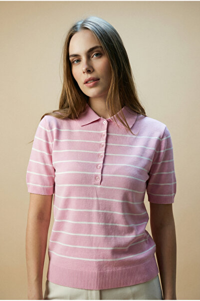 Shophia تي شيرت نسائي تريكو بأكمام قصيرة وياقة بولو مخطط