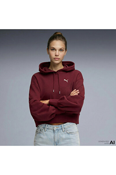 Puma Wardrobe Essential Relaxed Cropped Kadın Bordo Sweatshirt