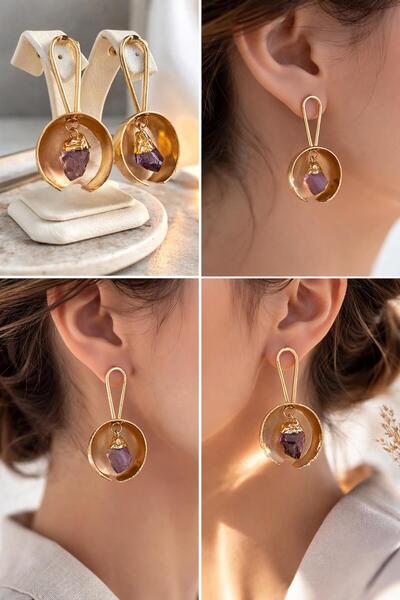 ZS Aksesuar Real amethyst stone detailed stainless steel earrings