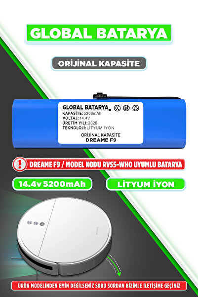GLOBAL BATARYA Dreame F9 Uyumlu Akıllı Robot Süpürge Bataryası 14.4v 5200mah ...