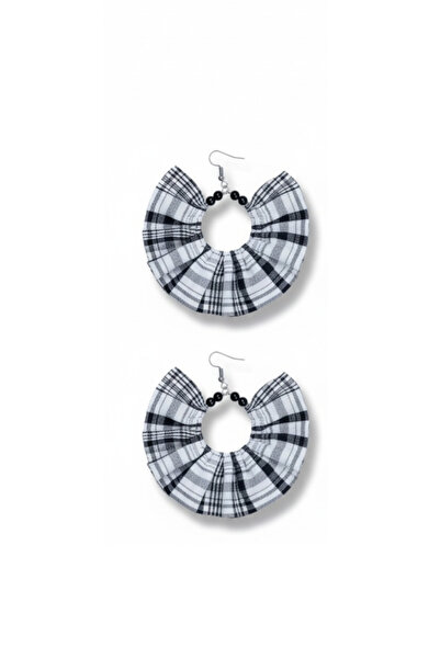 maia White Gray Plaid Fabric Black Beaded Design Dangle Fabric Earrings