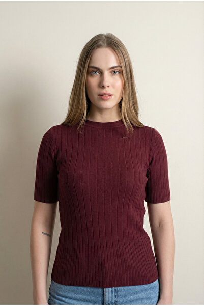 Shophia Basic Kısa Kollu Bordo Kadın Triko Bluz