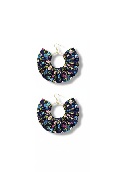 maia Navy Blue Colored Floral Fabric Pearl Design Dangle Earrings