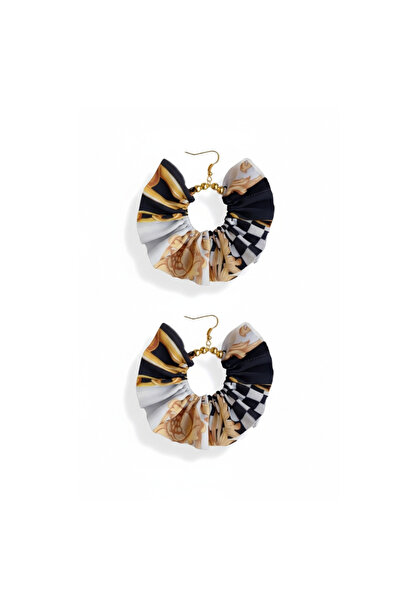 maia Women's Gold Color Hoop Dangle Earrings – Black Chain Pattern Fabric Bea...