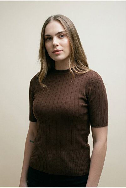 Merry Rise Basic Kısa Kollu Kahverengi Kadın Triko Bluz