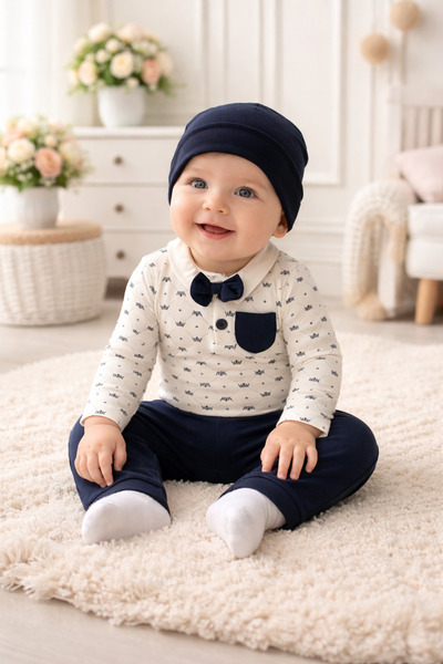 AKİ MODA KİDS بدلة للأطفال الذكور مع ربطة عنق وقبعة، طقم أنيق من 3 قطع