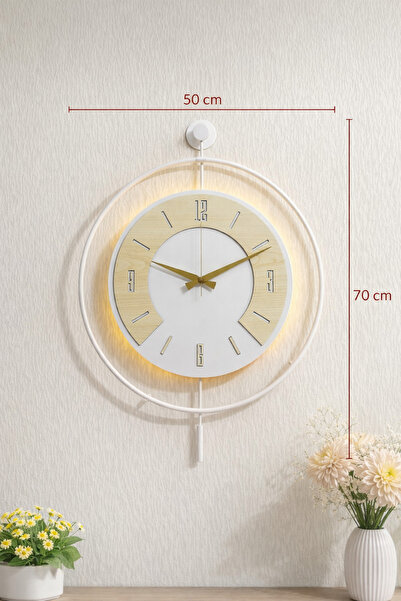 Pey Aksesuar 50x70 cm Metal Ahşap Ve Işığın Muhteşem Uyumu Duvar Saati dekoratif
