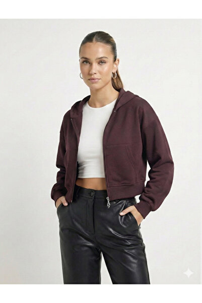 NEW JOURNAL Kadın Bordo 2 İplik Fermuarlı Kapüşonlu Kısa Sweatshirt NJ35